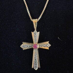 N106 - 925 Sterling Silver Gold Tone Cross Necklace w/ Red Stone & CZ Accents